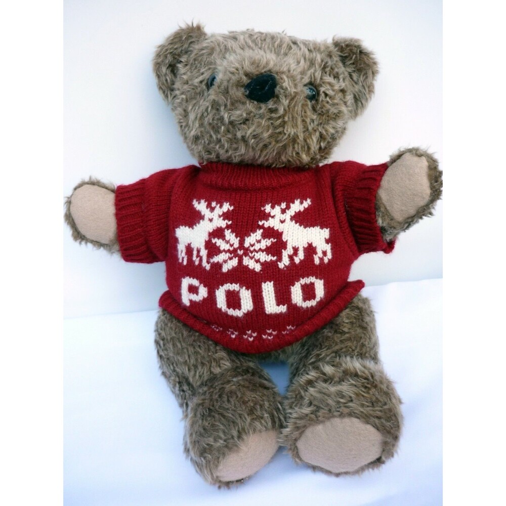 Large Ralph Lauren Polo Teddy Bear Red Christmas Sweater Deer 1998 15" Vintage